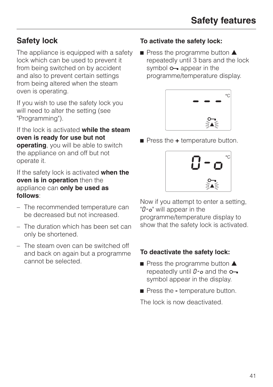 Safety lock 41, Safety features, Safety lock | Miele DG 4064 User Manual | Page 41 / 60
