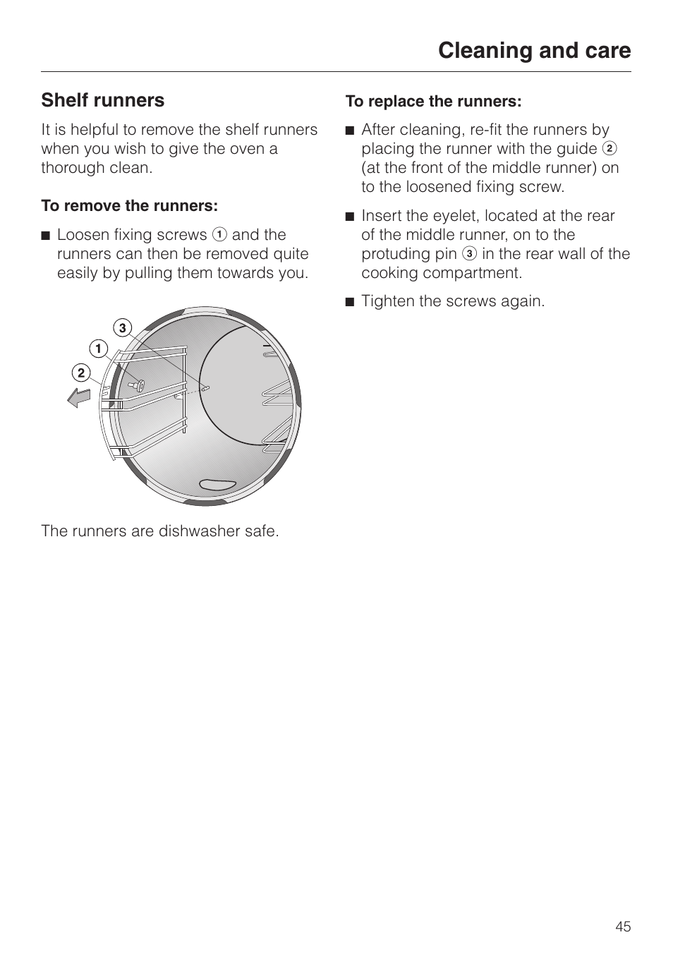 Shelf runners 45, Cleaning and care, Shelf runners | Miele DG 4064 User Manual | Page 45 / 60