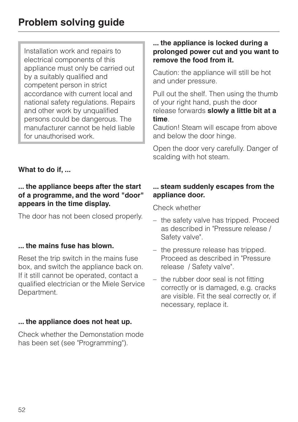Problem solving guide 52, Problem solving guide | Miele DG 4064 User Manual | Page 52 / 60