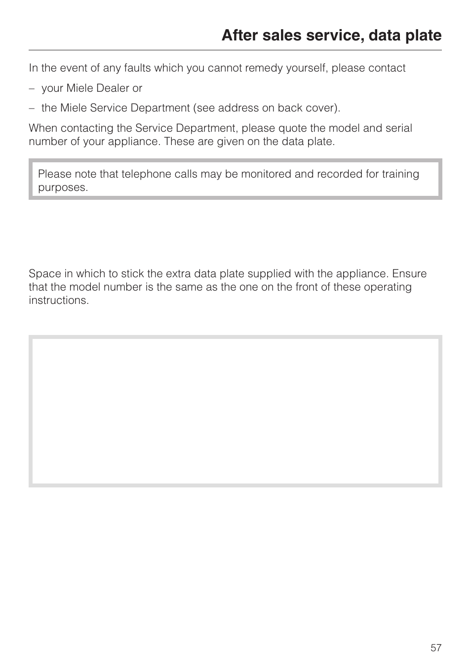 After sales service , data plate 57, After sales service, data plate | Miele DG 4064 User Manual | Page 57 / 60
