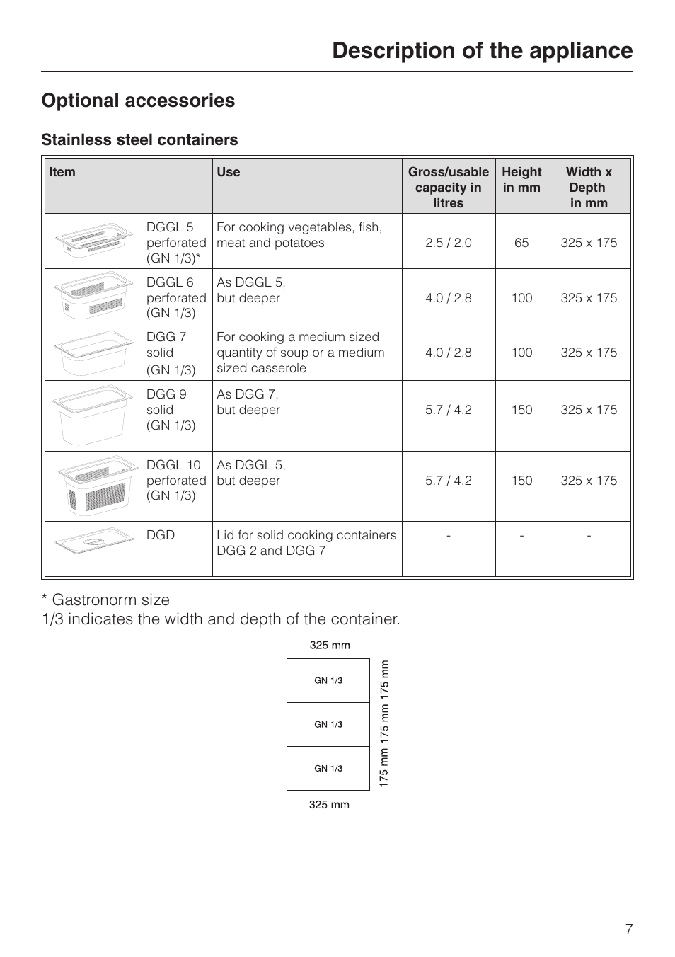 Optional accessories 7, Description of the appliance, Optional accessories | Miele DG 4064 User Manual | Page 7 / 60