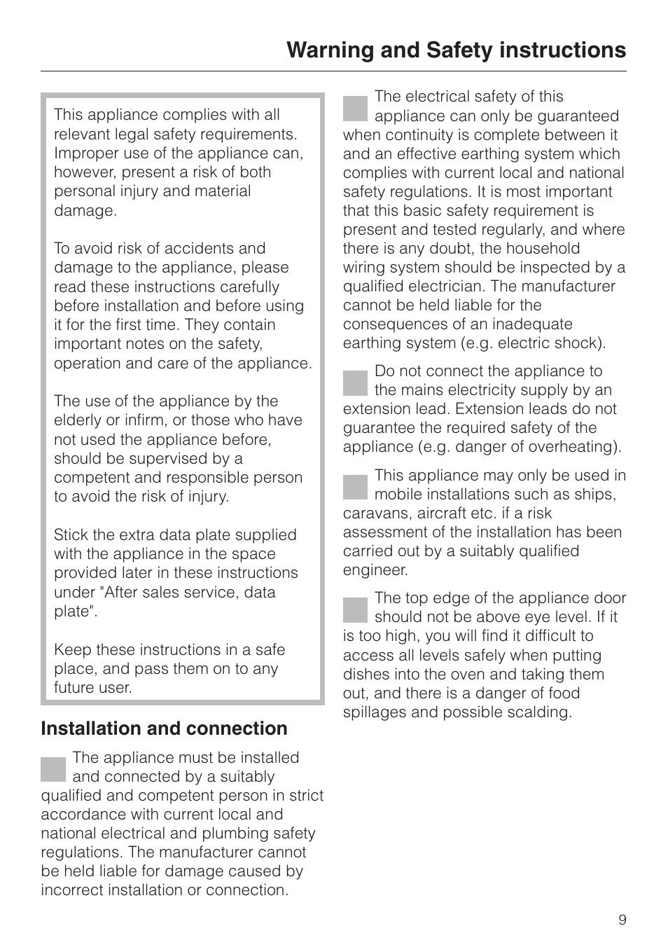 Warning and safety instructions 9, Warning and safety instructions, Installation and connection | Miele DG 4064 User Manual | Page 9 / 60