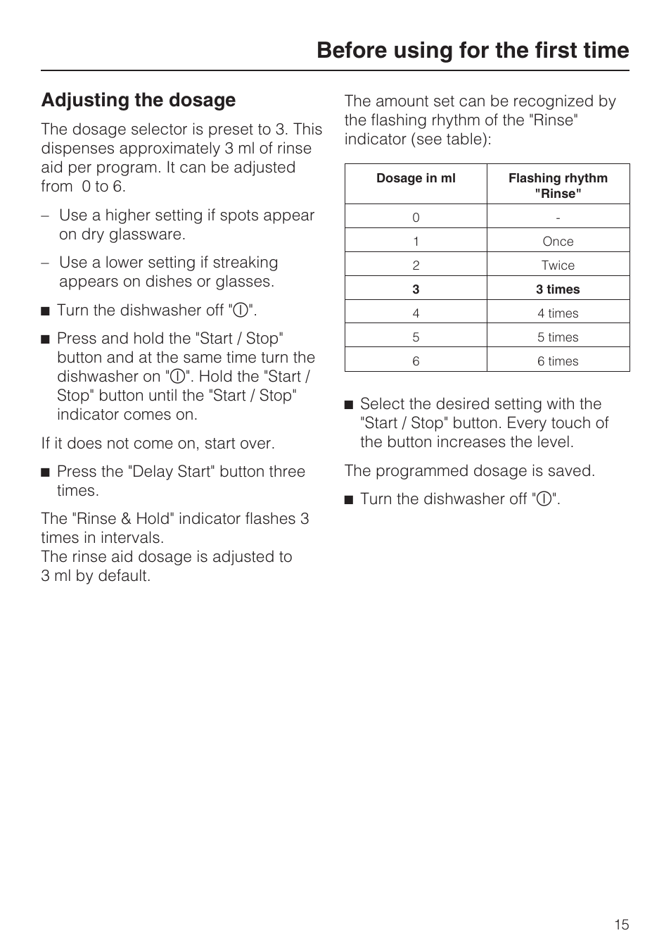 Adjusting the dosage 15, Before using for the first time, Adjusting the dosage | Miele G 2143 User Manual | Page 15 / 60