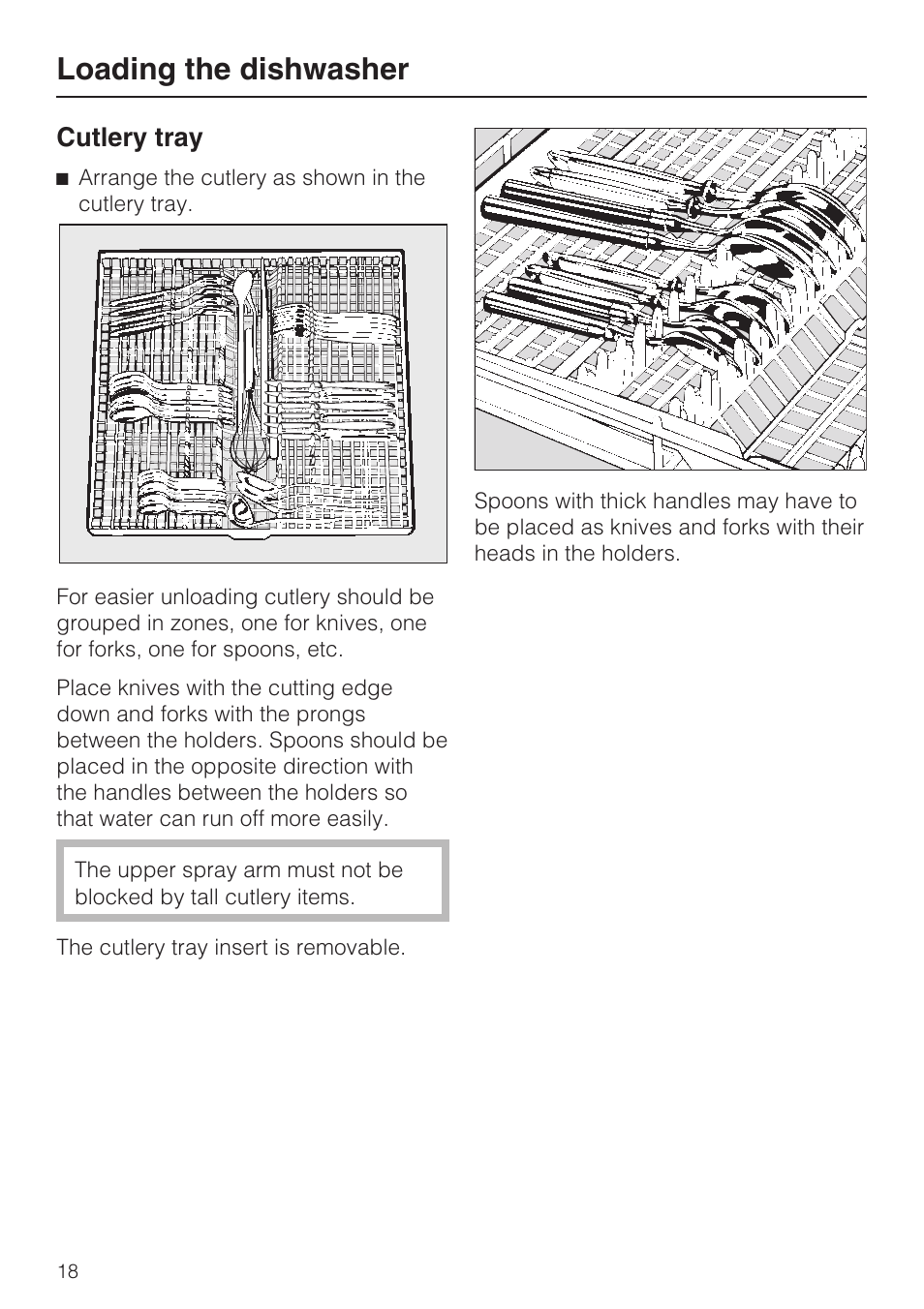 Cutlery tray 18, Loading the dishwasher, Cutlery tray | Miele G 2143 User Manual | Page 18 / 60