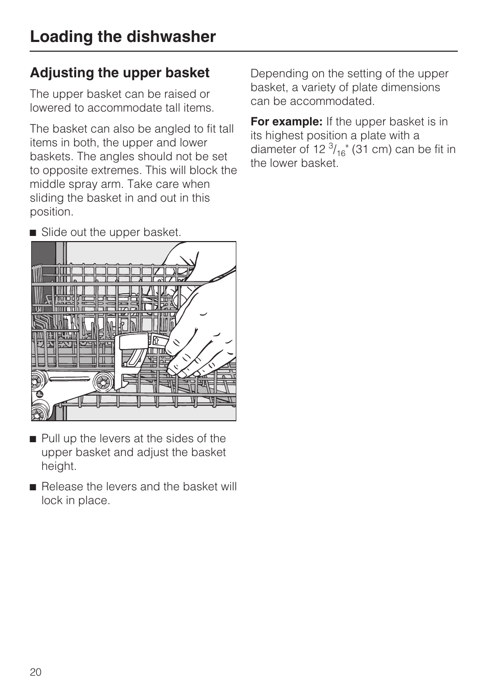 Adjusting the upper basket 20, Loading the dishwasher, Adjusting the upper basket | Miele G 2143 User Manual | Page 20 / 60