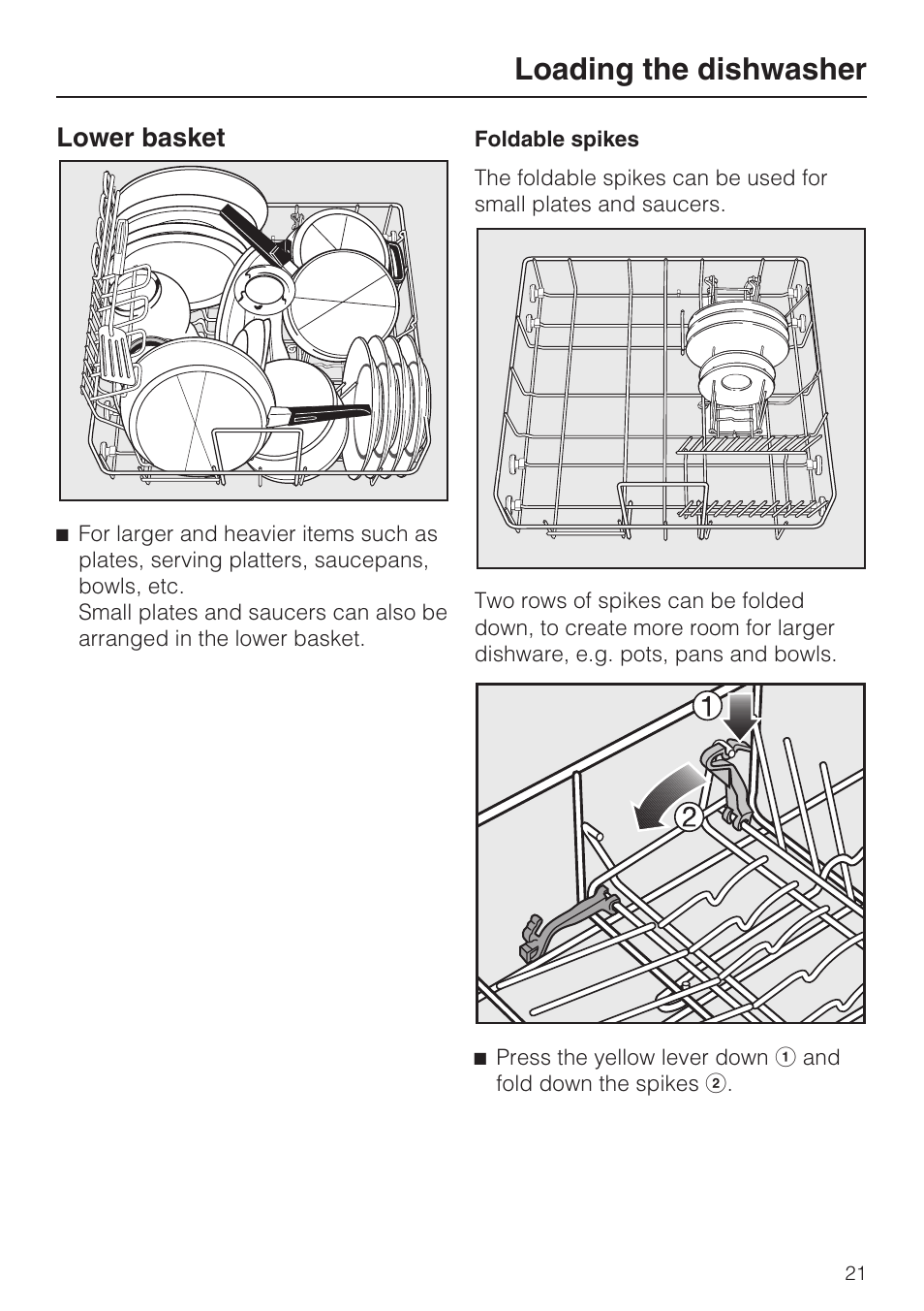 Lower basket 21, Loading the dishwasher, Lower basket | Miele G 2143 User Manual | Page 21 / 60