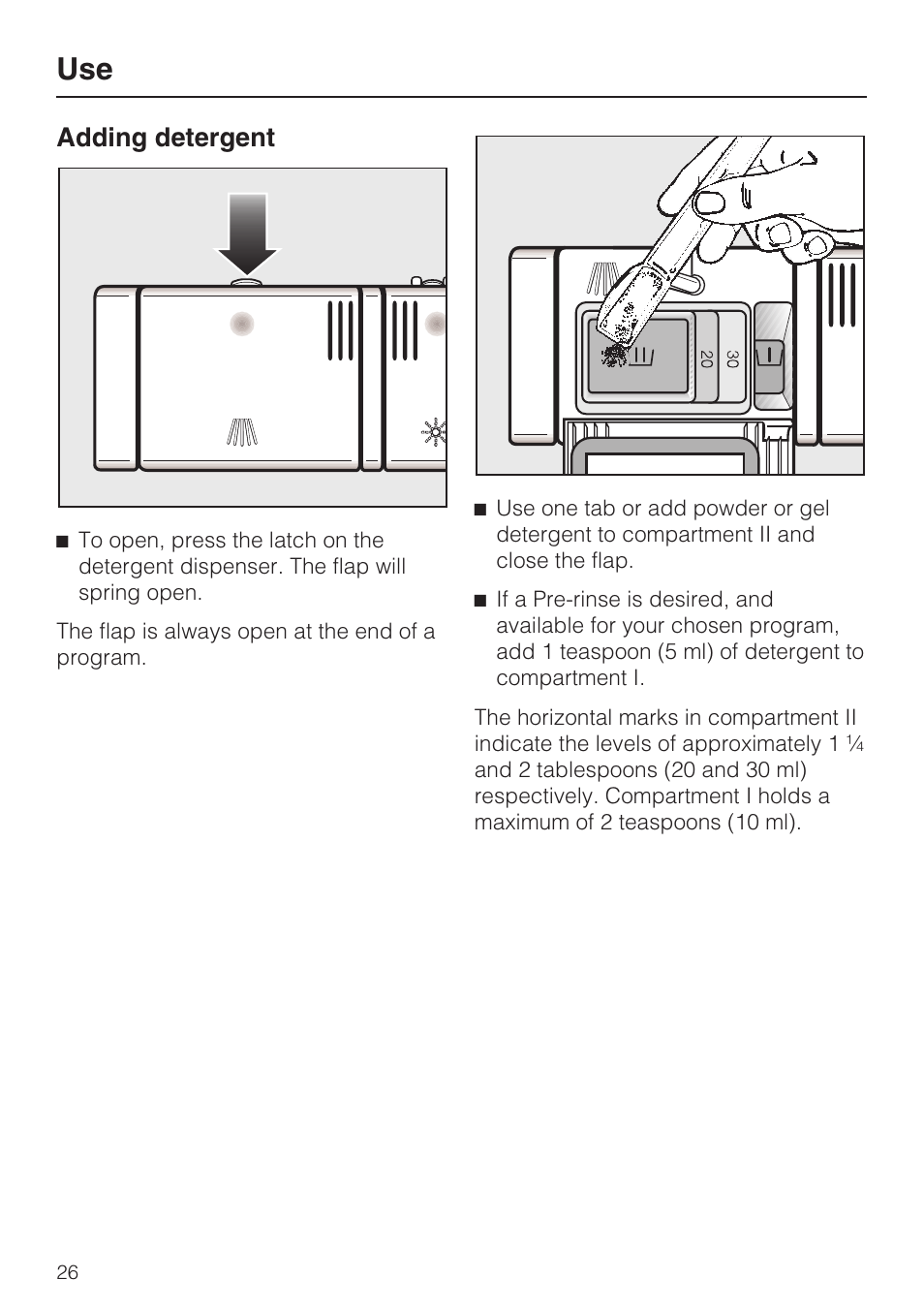 Adding detergent 26, Adding detergent | Miele G 2143 User Manual | Page 26 / 60