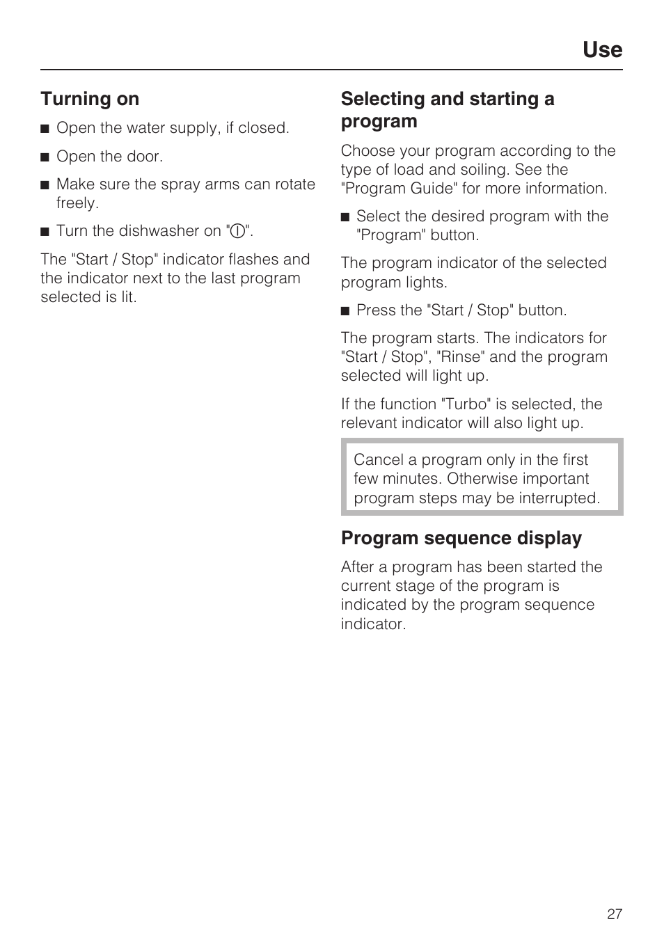 Turning on 27, Selecting and starting a program 27, Program sequence display 27 | Turning on, Selecting and starting a program, Program sequence display | Miele G 2143 User Manual | Page 27 / 60