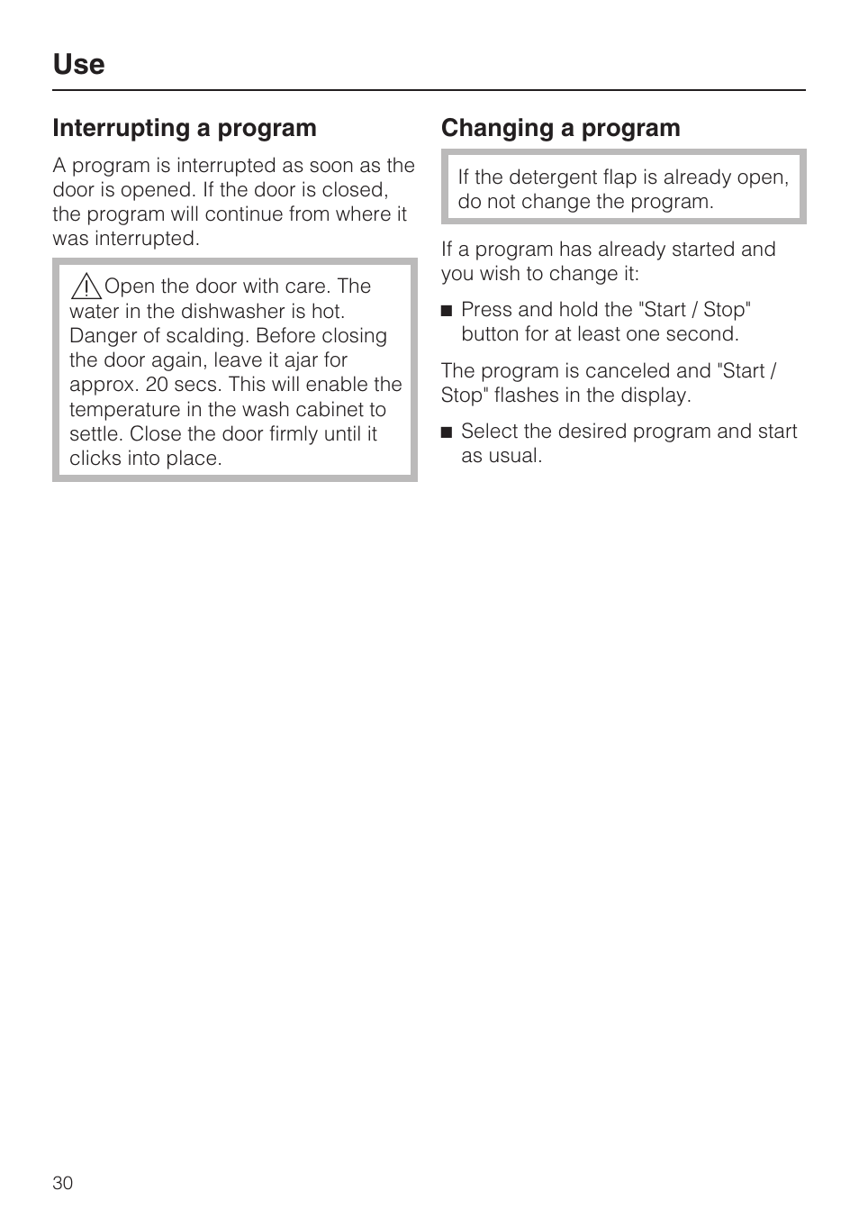 Interrupting a program 30, Changing a program 30 | Miele G 2143 User Manual | Page 30 / 60