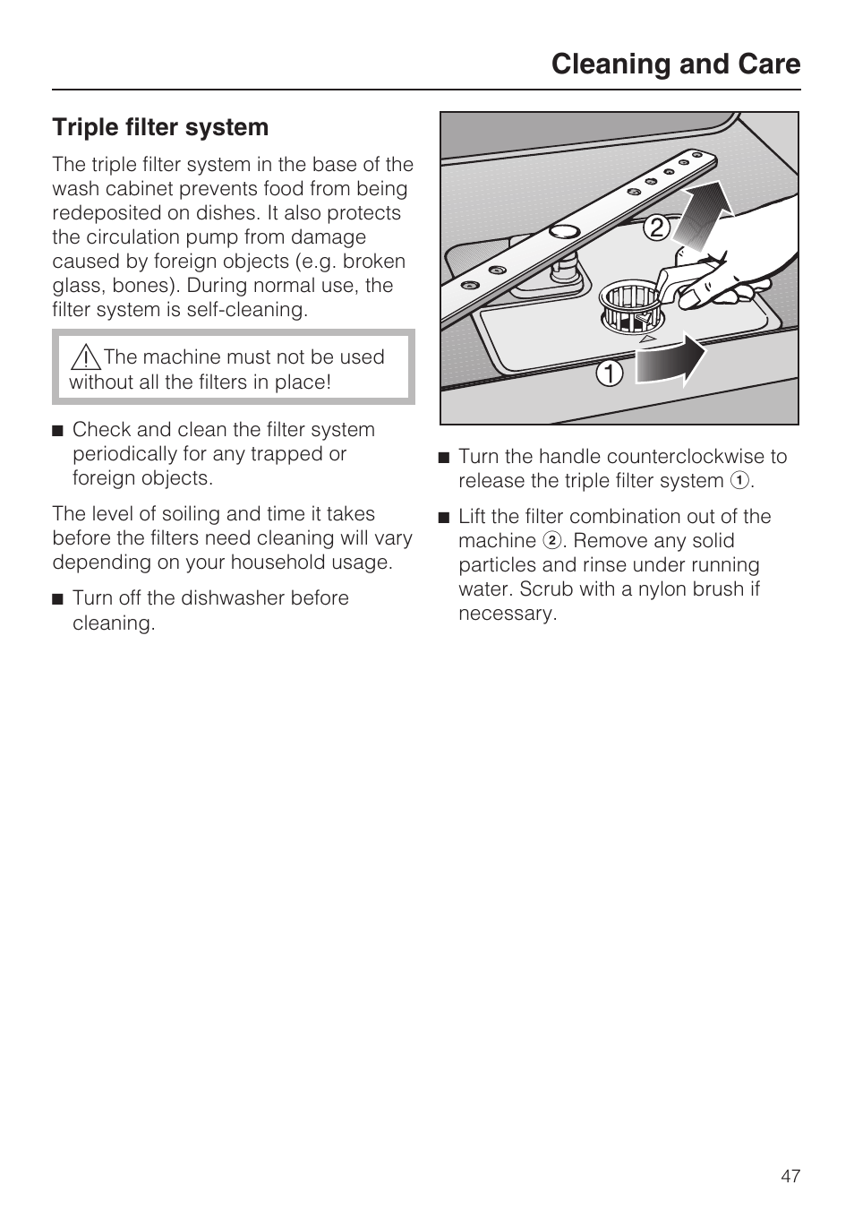 Triple filter system 47, Cleaning and care, Triple filter system | Miele G 2143 User Manual | Page 47 / 60