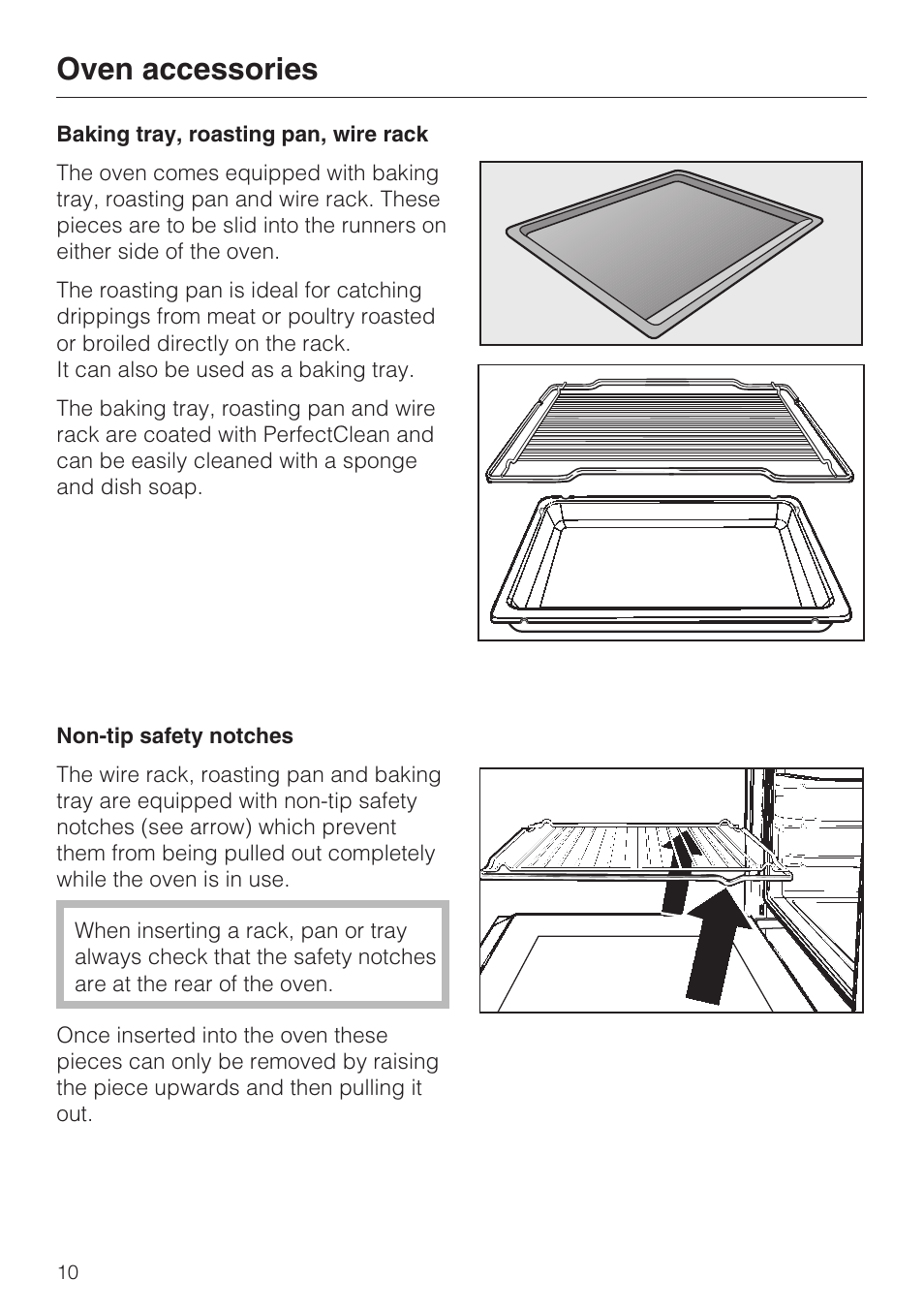 Oven accessories 10, Baking tray, roasting pan, wire rack 10, Oven accessories | Miele H 4242 B User Manual | Page 10 / 56