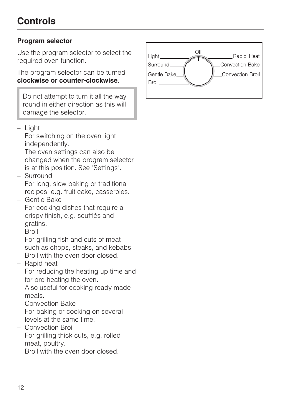 Controls 12, Program selector 12, Controls | Miele H 4242 B User Manual | Page 12 / 56