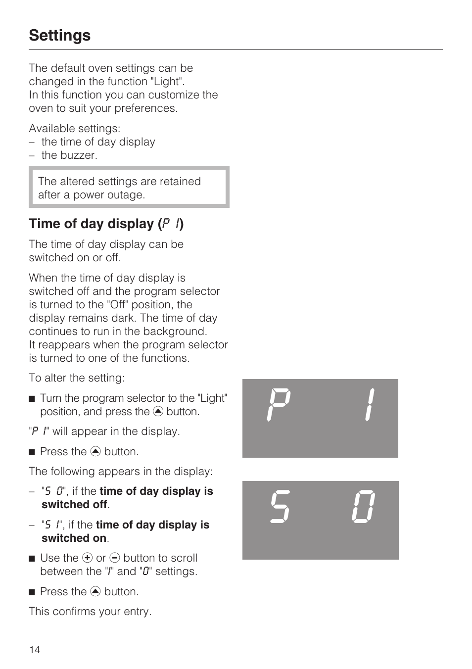 Settings 14, Time of day display ( p i ) 14, Pi s 0 | Miele H 4242 B User Manual | Page 14 / 56