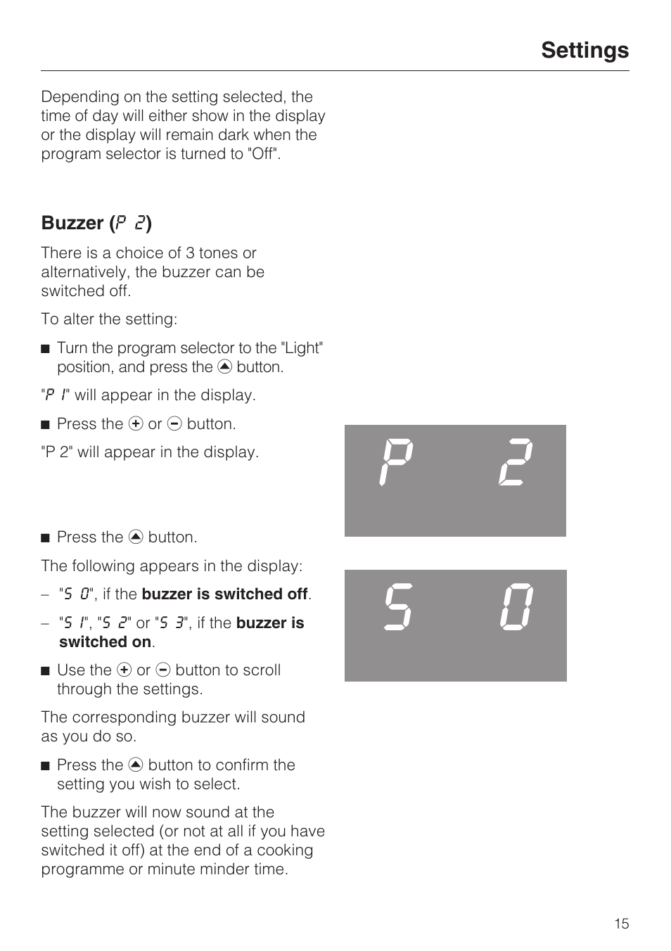 Buzzer ( p 2 ) 15, P2 s 0 | Miele H 4242 B User Manual | Page 15 / 56