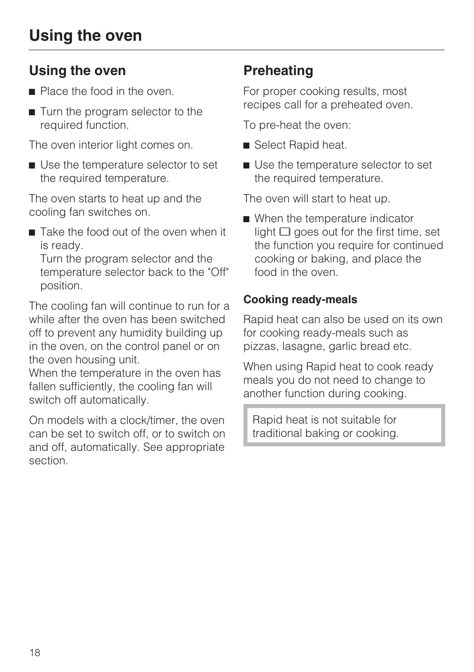 Using the oven 18, Preheating 18, Cooking ready-meals 18 | Using the oven, Preheating | Miele H 4242 B User Manual | Page 18 / 56
