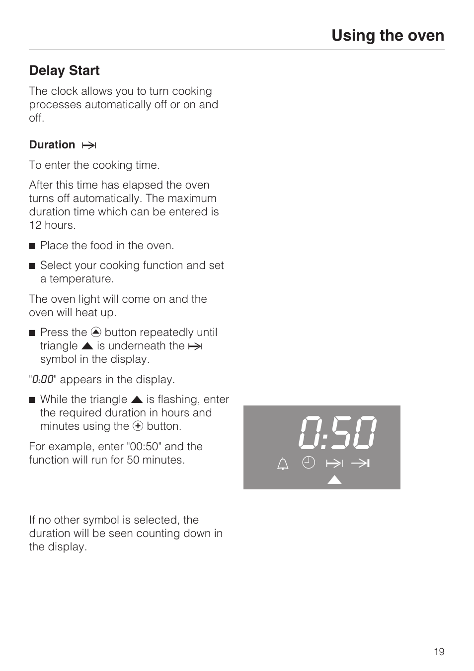 Delay start 19, Duration g 19, Using the oven | Miele H 4242 B User Manual | Page 19 / 56