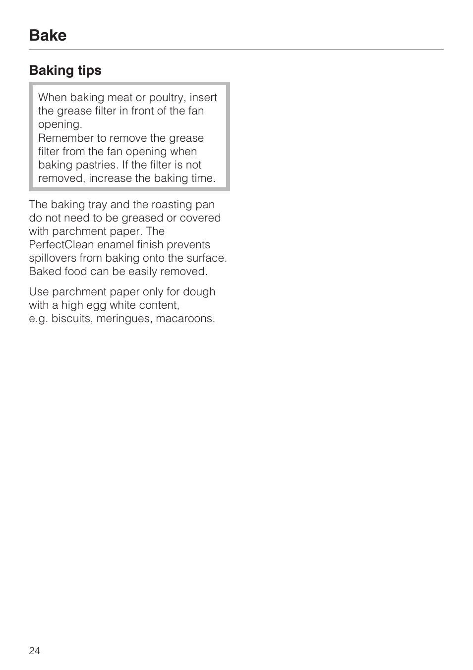 Bake 24, Baking tips 24, Bake | Miele H 4242 B User Manual | Page 24 / 56
