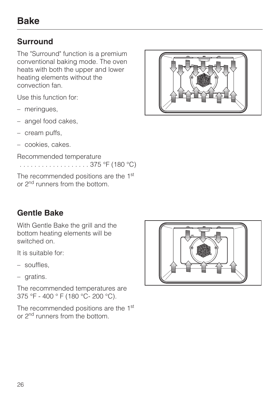 Bake, Surround, Gentle bake | Miele H 4242 B User Manual | Page 26 / 56