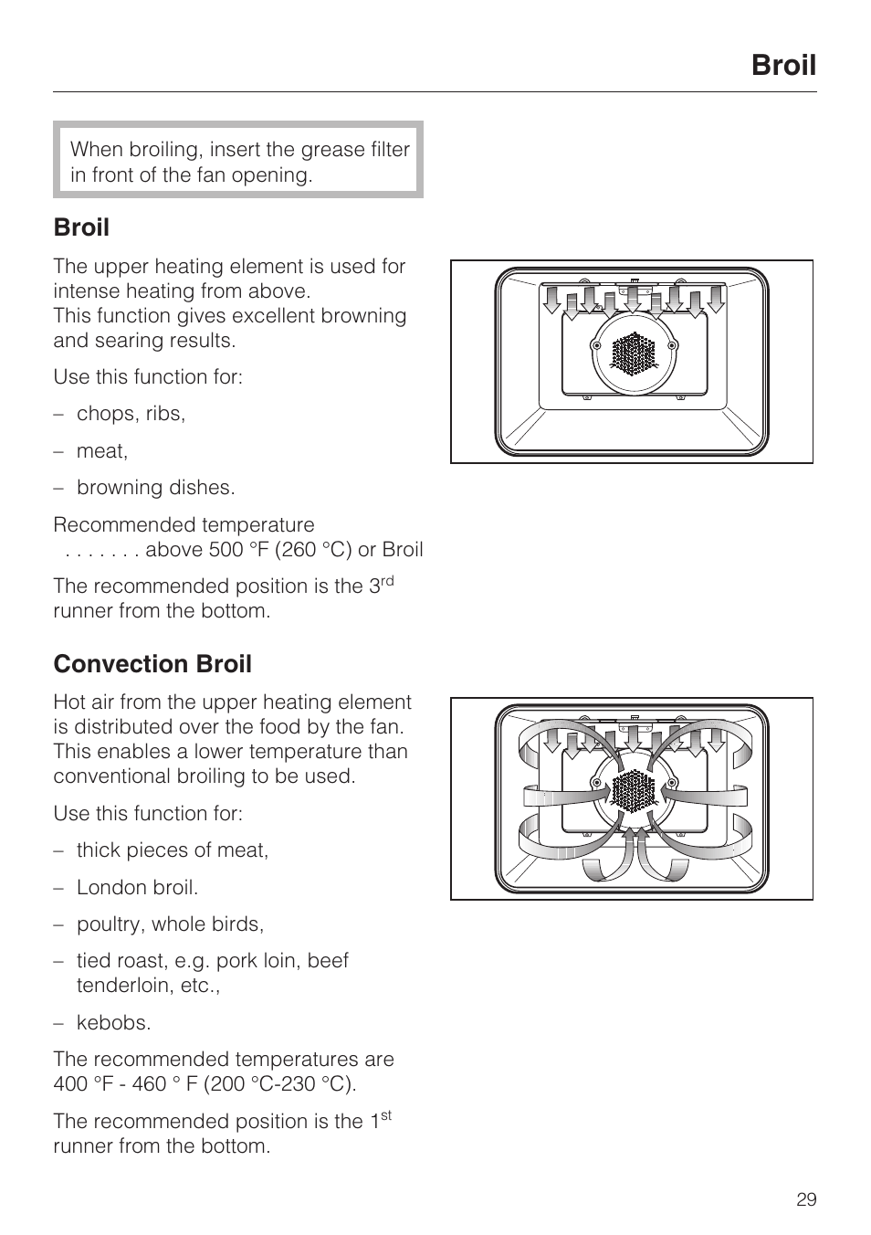Broil 29, Broil, Convection broil | Miele H 4242 B User Manual | Page 29 / 56