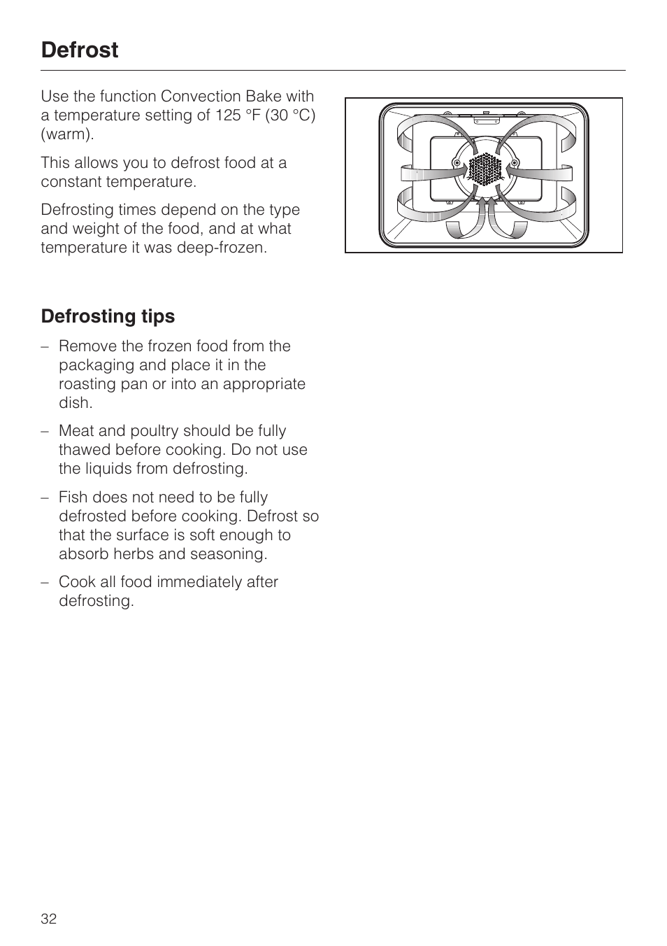 Defrost 32, Defrost, Defrosting tips | Miele H 4242 B User Manual | Page 32 / 56