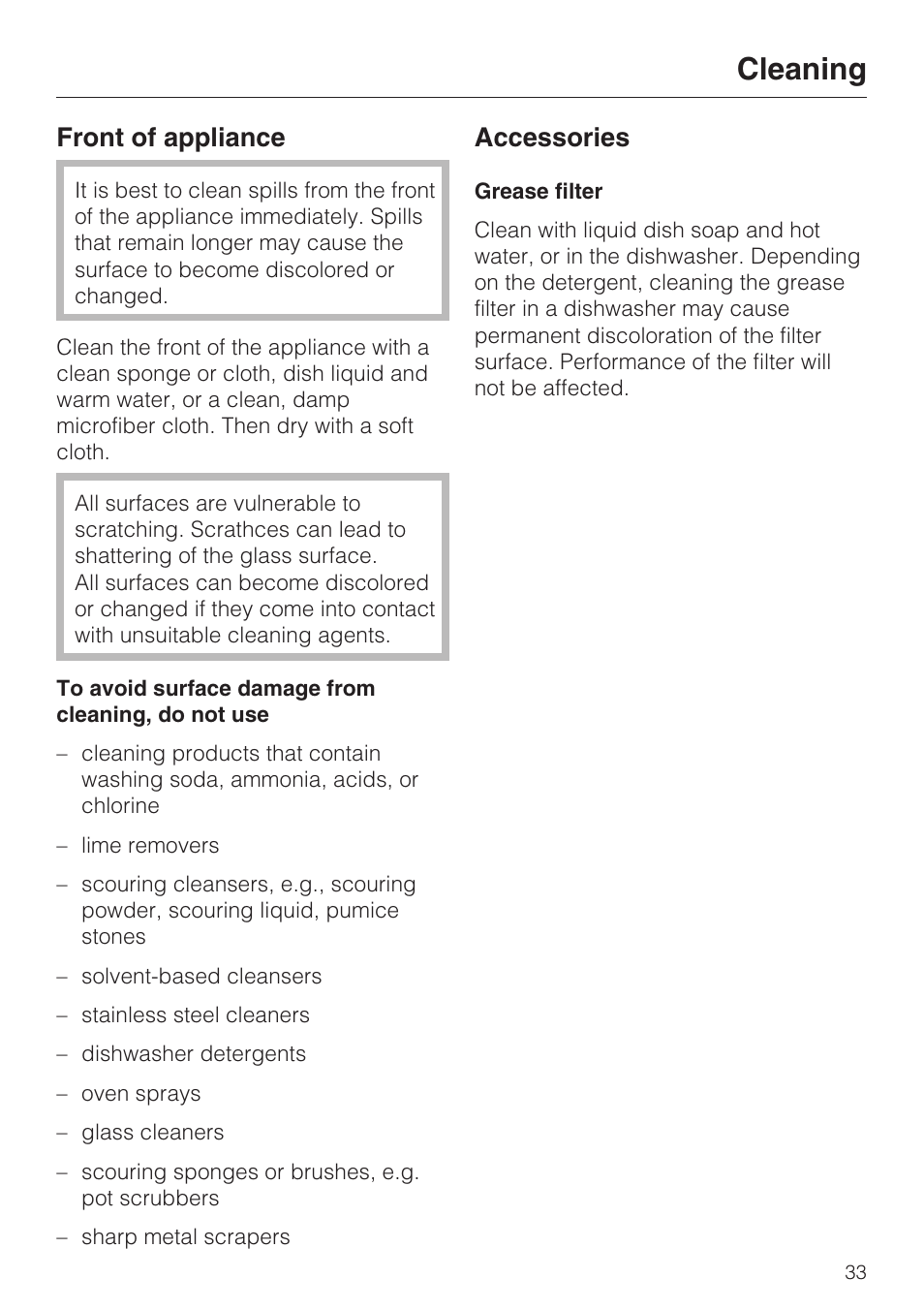 Cleaning 33, Front of appliance 33, Cleaning | Front of appliance, Accessories | Miele H 4242 B User Manual | Page 33 / 56