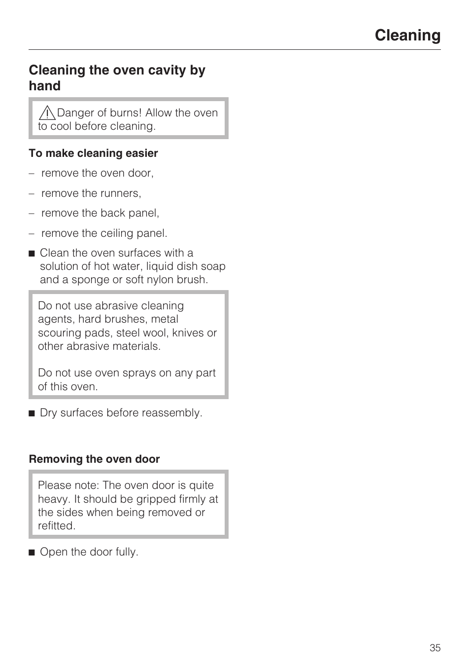 Cleaning the oven cavity by hand 35, Removing the oven door 35, Cleaning | Cleaning the oven cavity by hand | Miele H 4242 B User Manual | Page 35 / 56