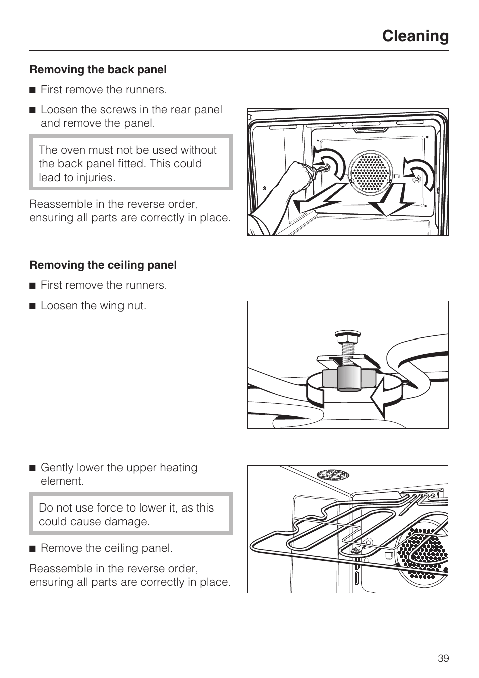 Removing the back panel 39, Removing the ceiling panel 39, Cleaning | Miele H 4242 B User Manual | Page 39 / 56