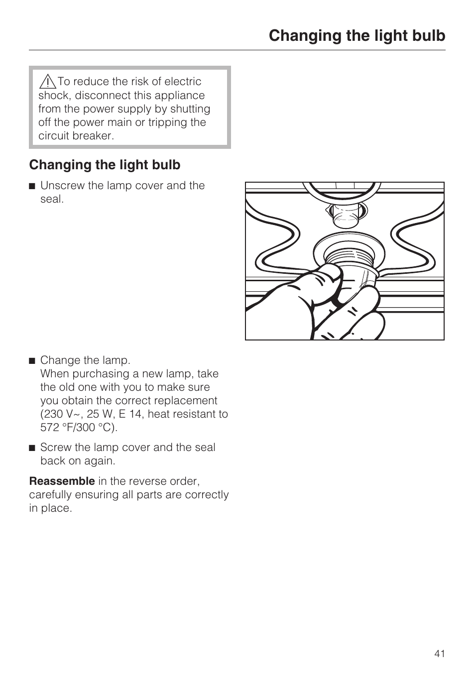 Changing the light bulb 41, Changing the light bulb | Miele H 4242 B User Manual | Page 41 / 56