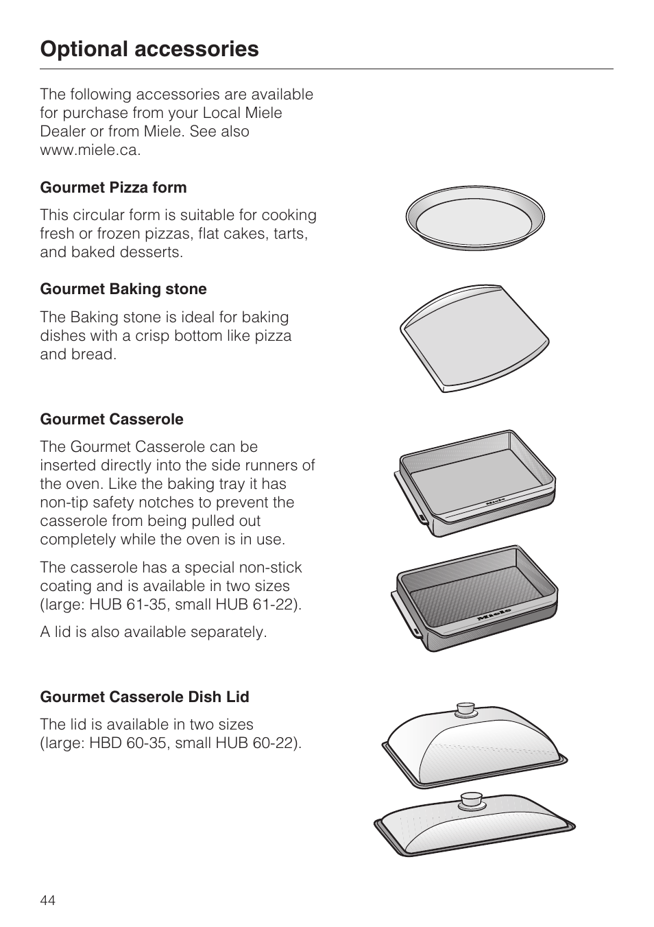 Optional accessories 44, Optional accessories | Miele H 4242 B User Manual | Page 44 / 56