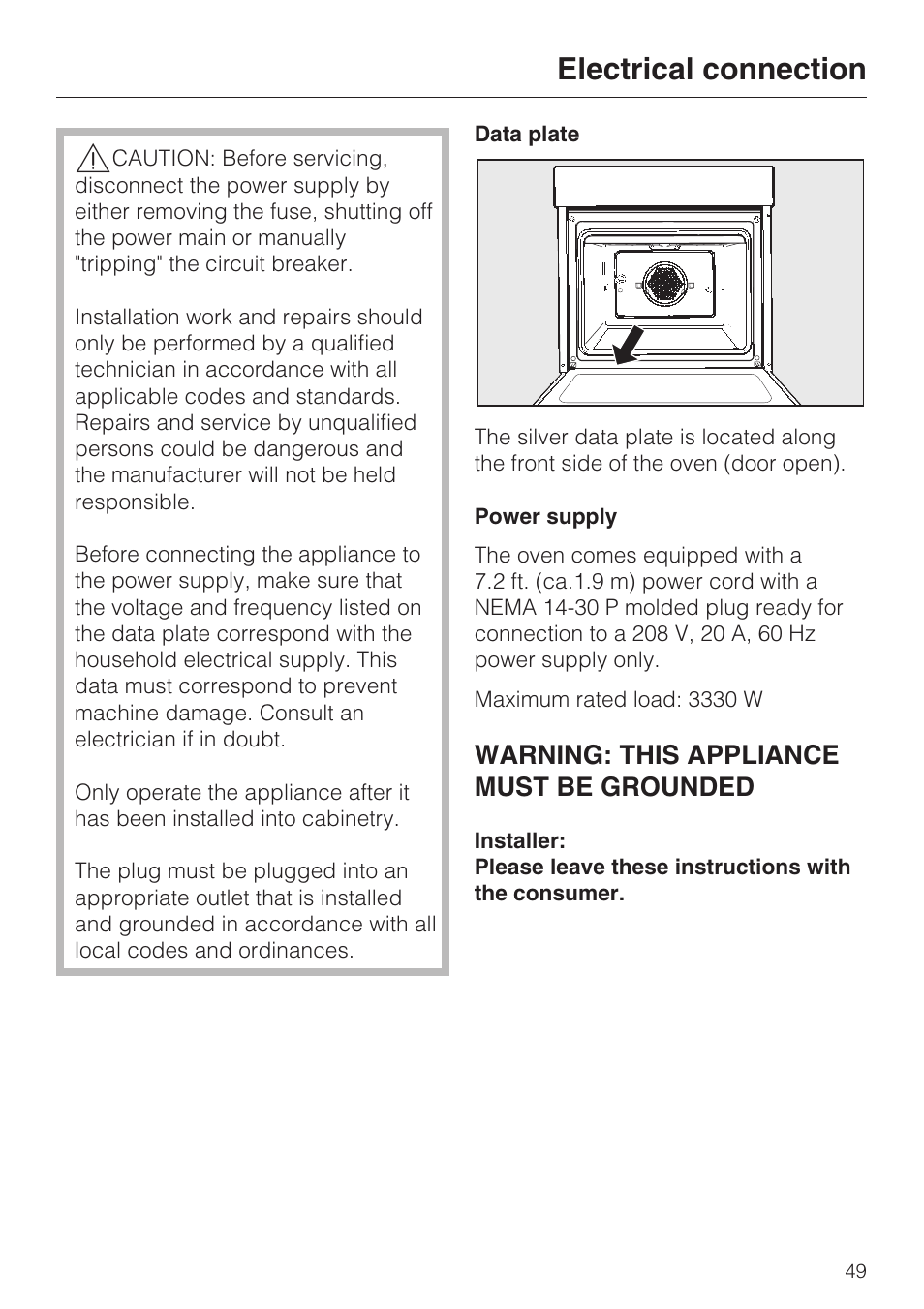 Electrical connection 49, Electrical connection, Warning: this appliance must be grounded | Miele H 4242 B User Manual | Page 49 / 56