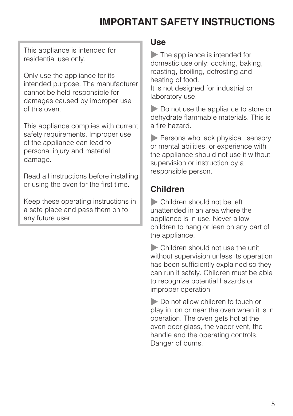 Important safety instructions 5, Important safety instructions | Miele H 4242 B User Manual | Page 5 / 56