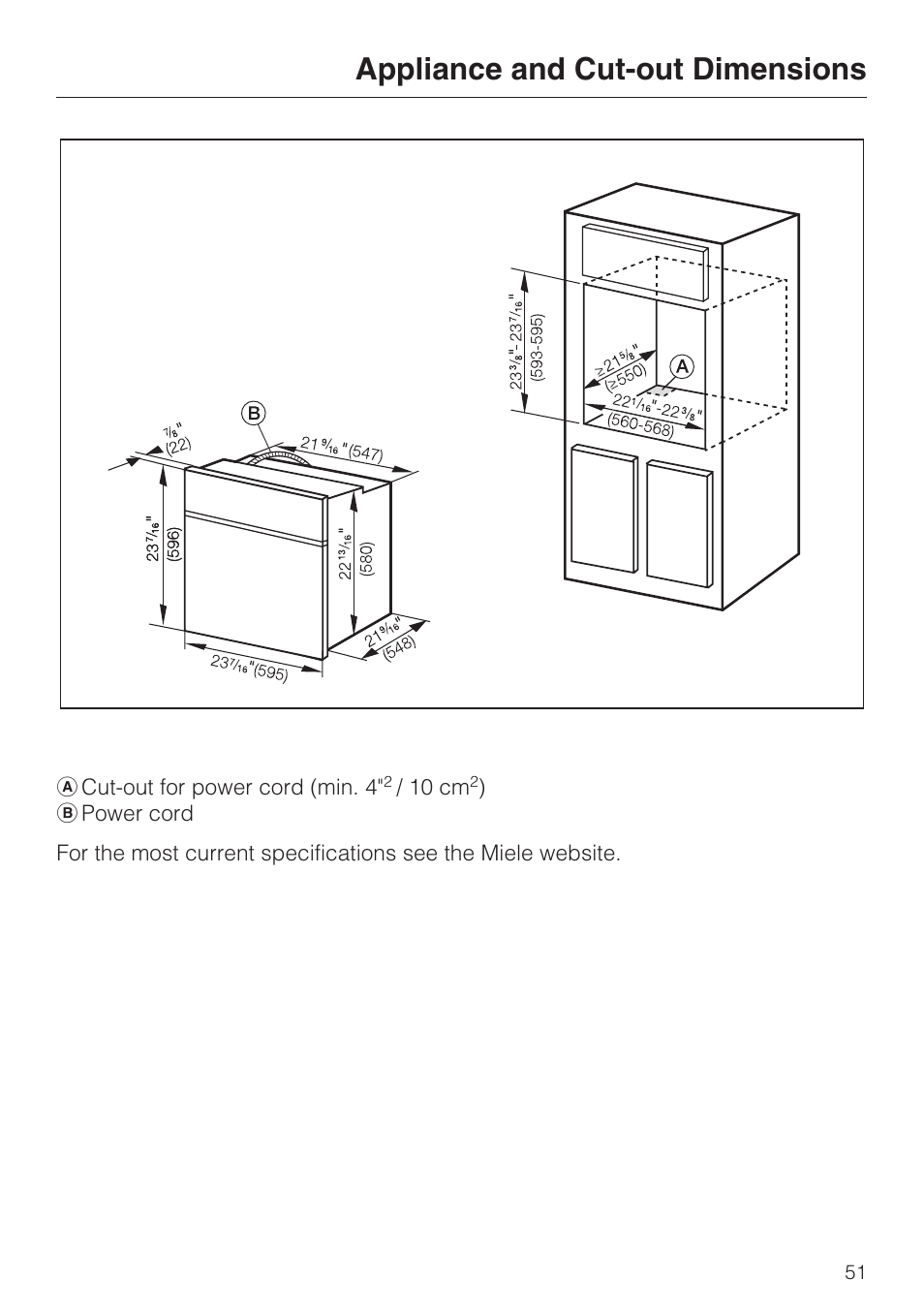 Appliance and cut-out dimensions | Miele H 4242 B User Manual | Page 51 / 56