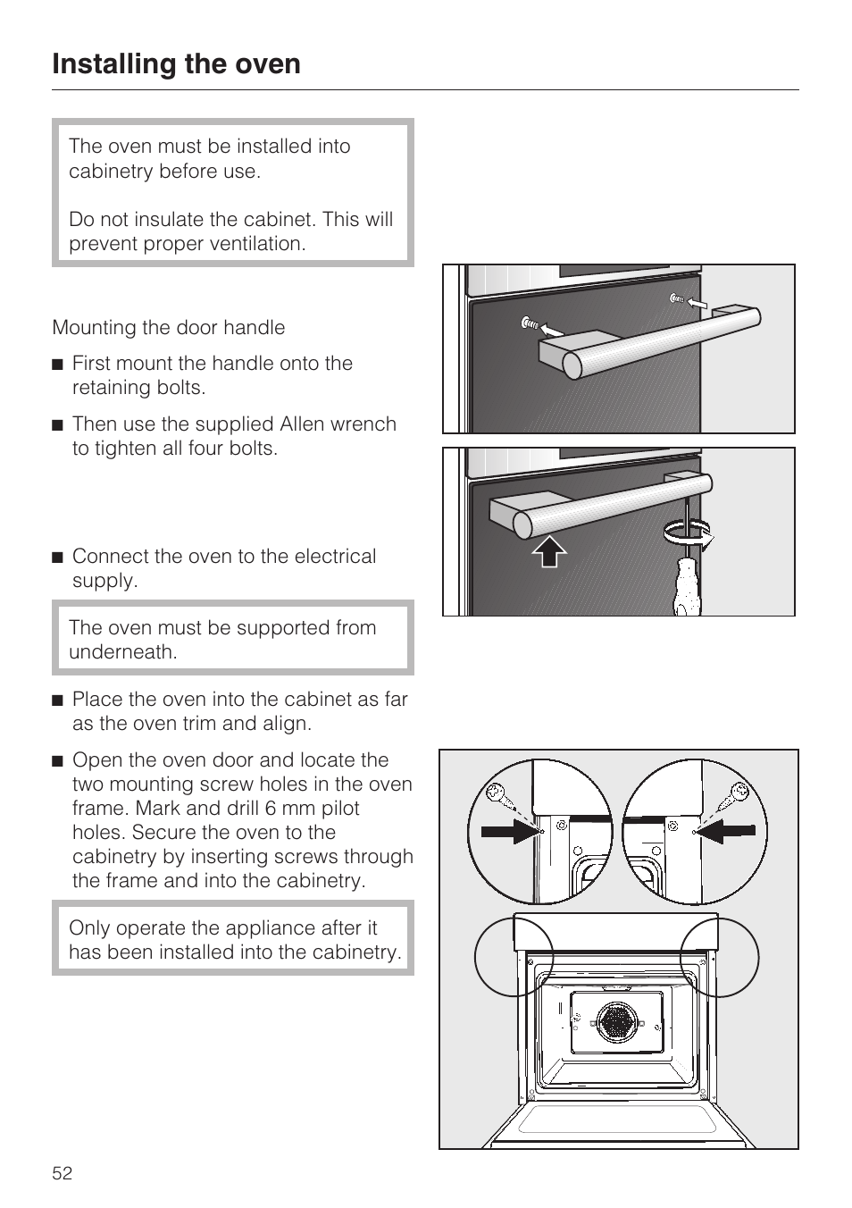 Installing the oven 52, Installing the oven | Miele H 4242 B User Manual | Page 52 / 56