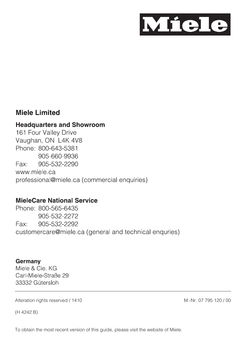 Miele H 4242 B User Manual | Page 56 / 56