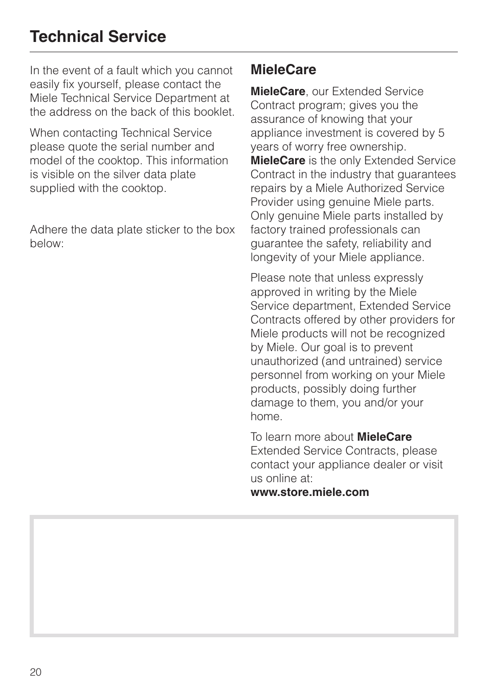 Technical service 20, Technical service, Mielecare | Miele KM 3475 User Manual | Page 20 / 40