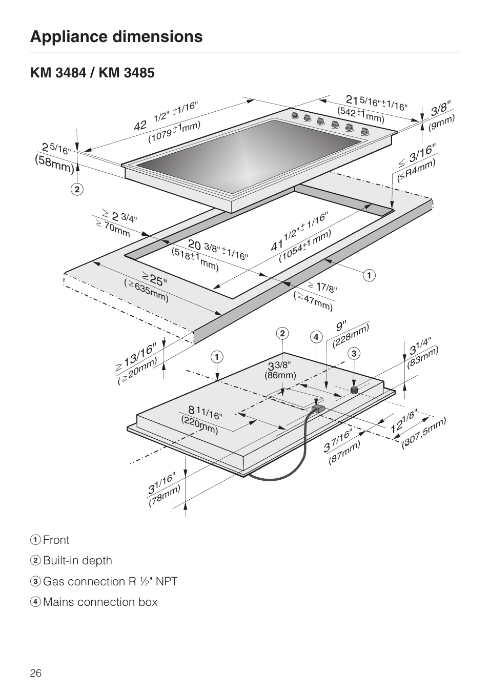 Km 3484 / km 3485 26, Appliance dimensions, Dc b | Miele KM 3475 User Manual | Page 26 / 40