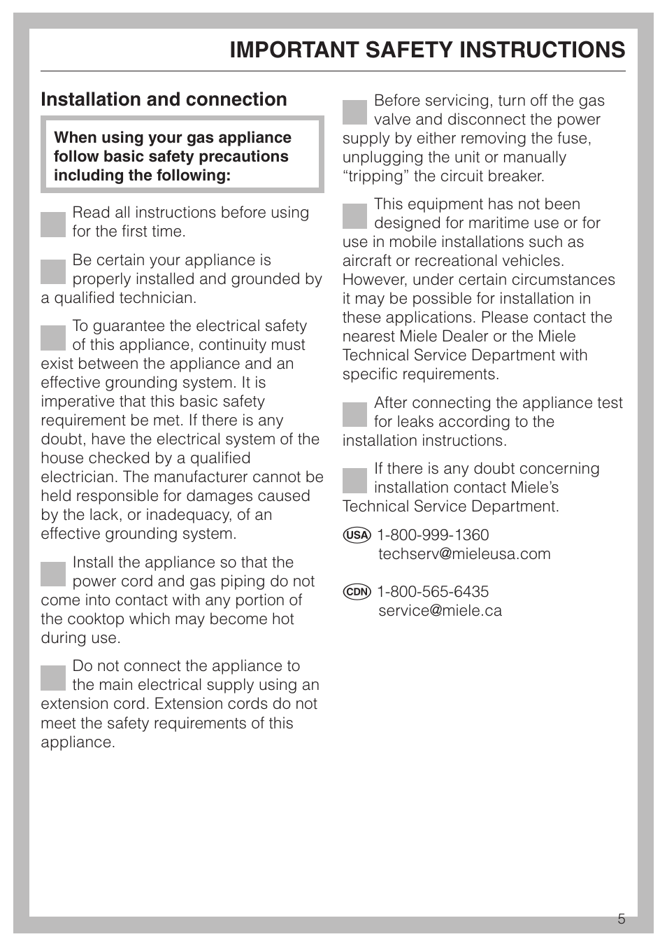 Important safety instructions 5, Important safety instructions, Installation and connection | Miele KM 3475 User Manual | Page 5 / 40