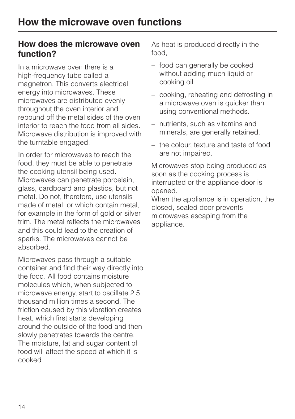 How the microwave oven functions 14, How does the microwave oven function? 14, How the microwave oven functions | How does the microwave oven function | Miele M 613 G User Manual | Page 14 / 44