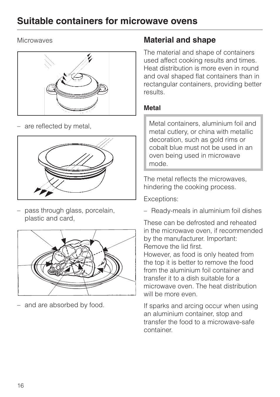 Suitable containers for microwave ovens 16, Material and shape 16, Suitable containers for microwave ovens | Material and shape | Miele M 613 G User Manual | Page 16 / 44