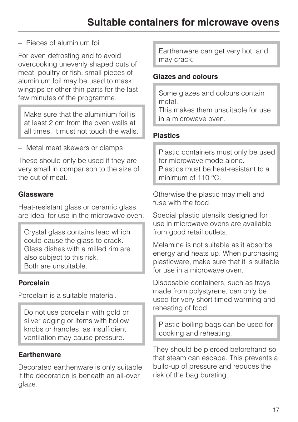 Suitable containers for microwave ovens | Miele M 613 G User Manual | Page 17 / 44