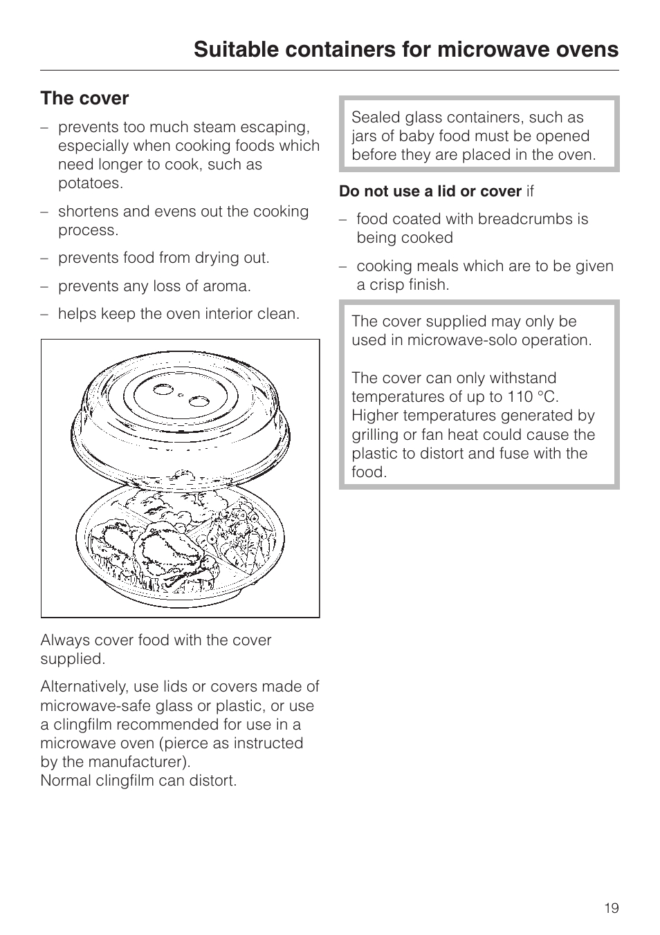 The cover 19, The cover, Suitable containers for microwave ovens | Miele M 613 G User Manual | Page 19 / 44
