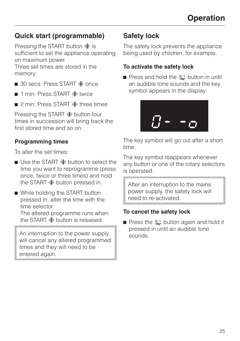Quick start (programmable) 25, Safety lock 25, Quick start (programmable) safety lock | Operation, Quick start (programmable), Safety lock | Miele M 613 G User Manual | Page 25 / 44