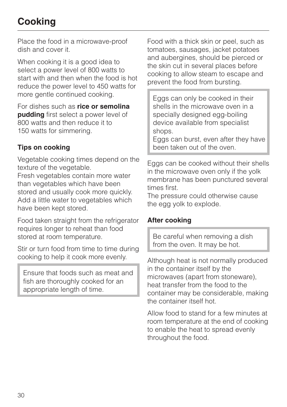 Cooking 30, Cooking | Miele M 613 G User Manual | Page 30 / 44