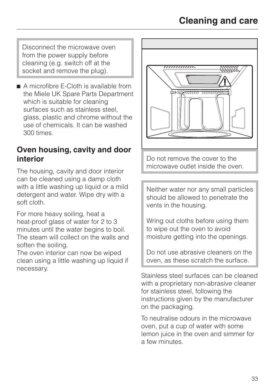 Cleaning and care 33, Oven housing, cavity and door interior 33, Cleaning and care | Oven housing, cavity and door interior | Miele M 613 G User Manual | Page 33 / 44