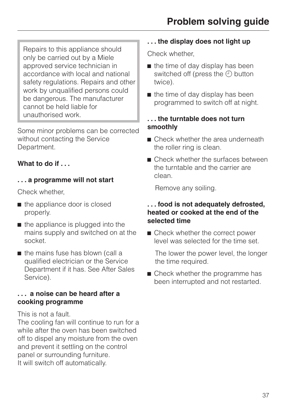 Problem solving guide 37, Problem solving guide | Miele M 613 G User Manual | Page 37 / 44