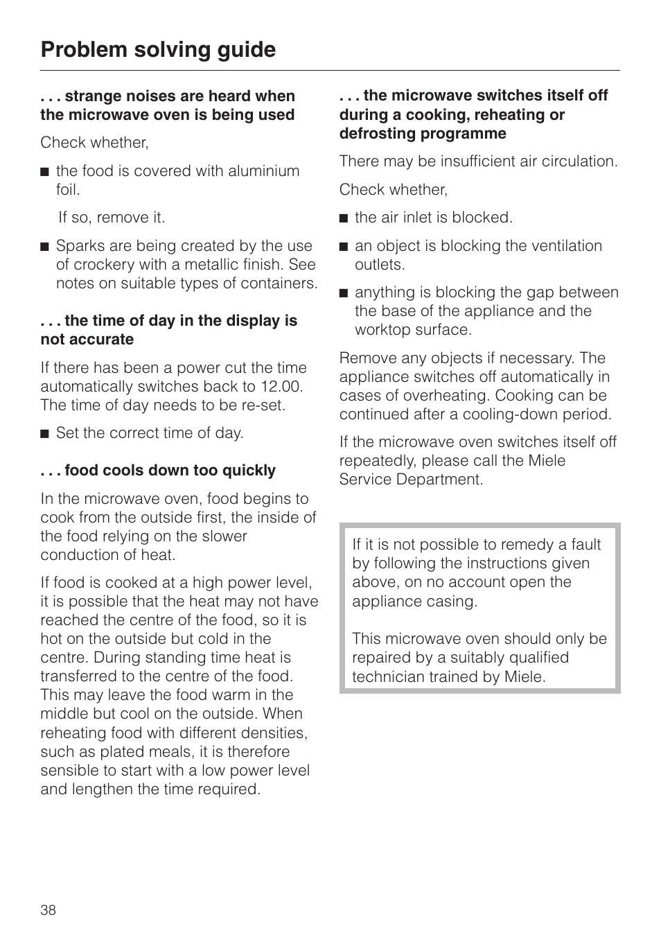 Problem solving guide | Miele M 613 G User Manual | Page 38 / 44