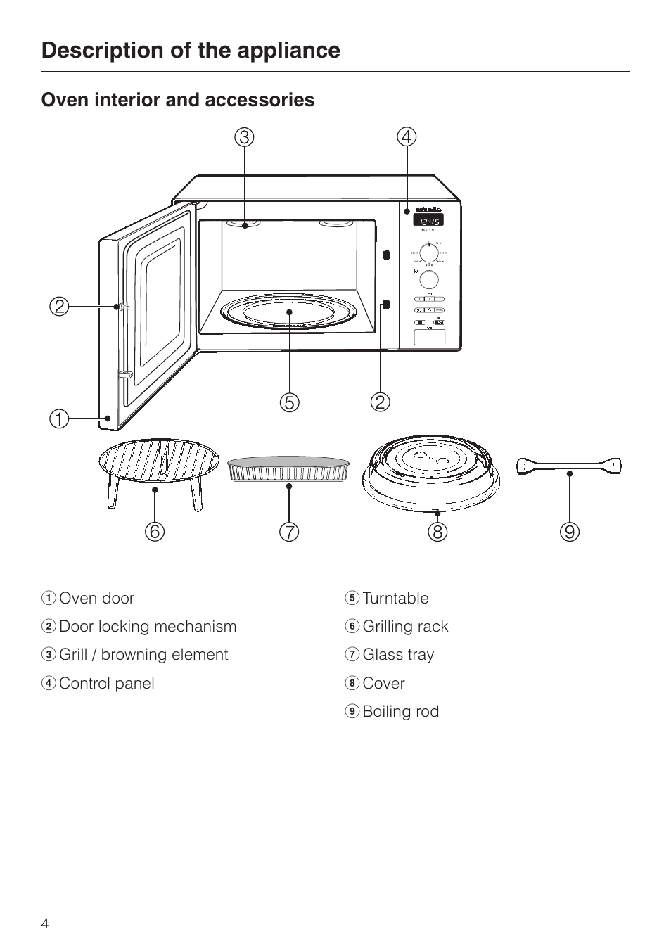 Description of the appliance 4, Oven interior and accessories 4, Description of the appliance | Oven interior and accessories | Miele M 613 G User Manual | Page 4 / 44