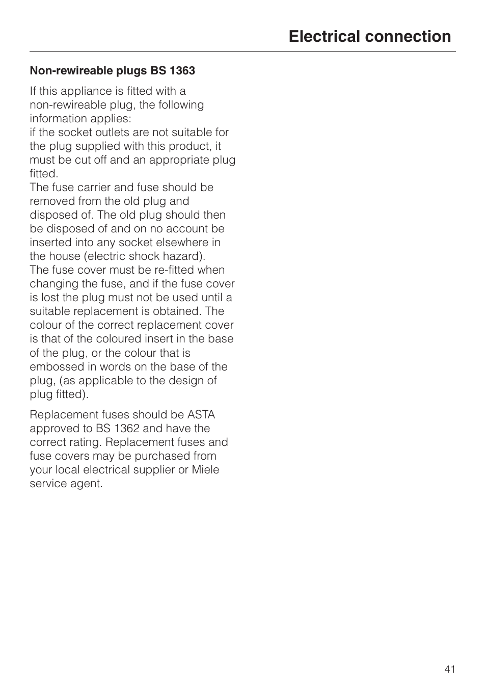 Electrical connection | Miele M 613 G User Manual | Page 41 / 44