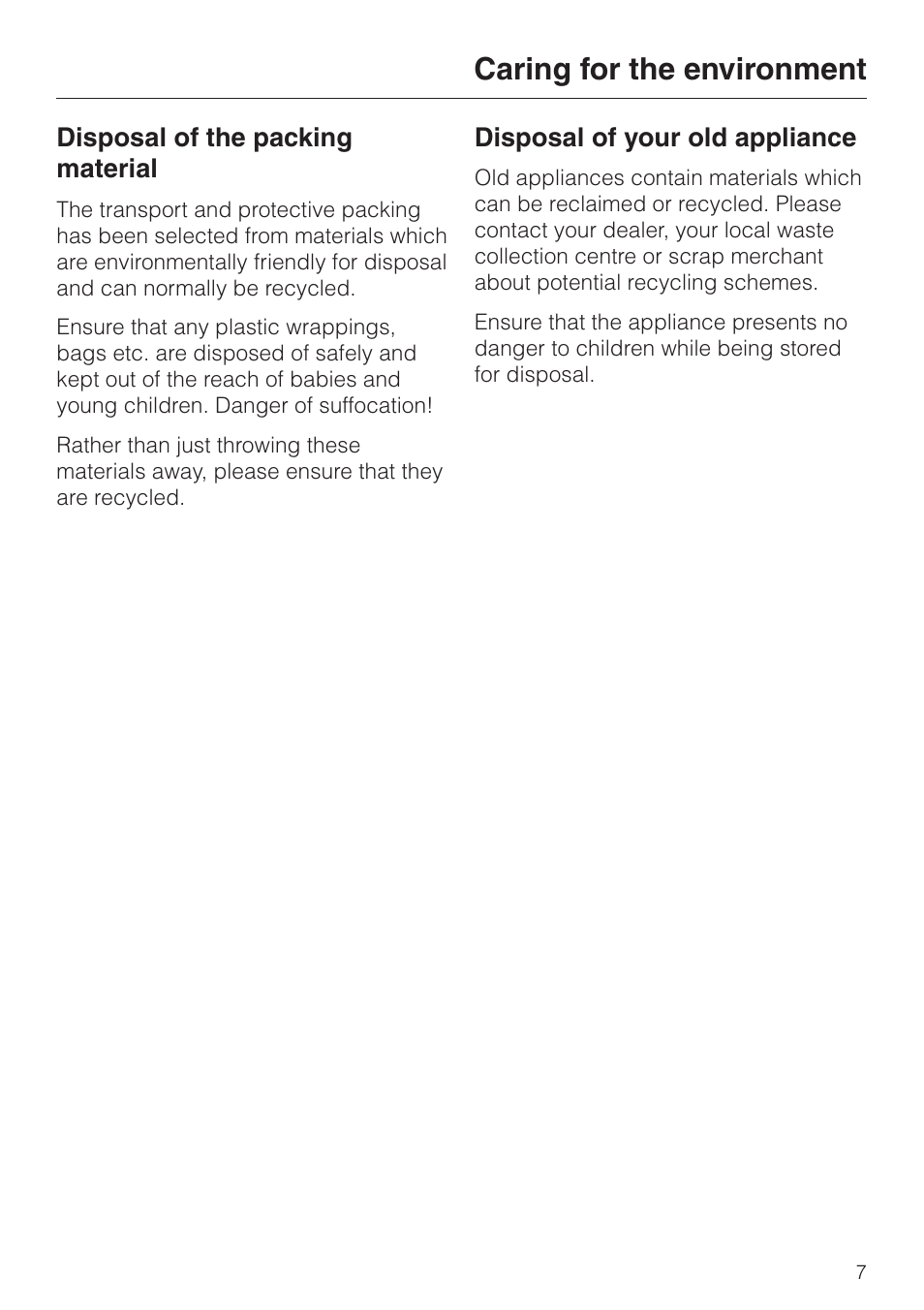 Caring for the environment 7, Caring for the environment | Miele M 613 G User Manual | Page 7 / 44