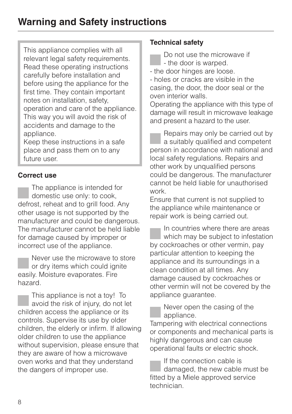 Warning and safety instructions 8, Warning and safety instructions | Miele M 613 G User Manual | Page 8 / 44